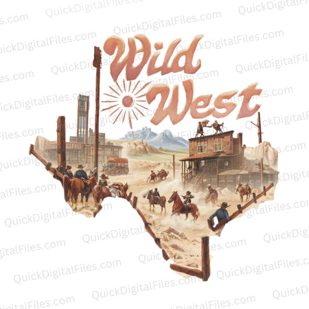 "Wild West Texas" PNG artwork with a cowboy scene in the Texas outline.