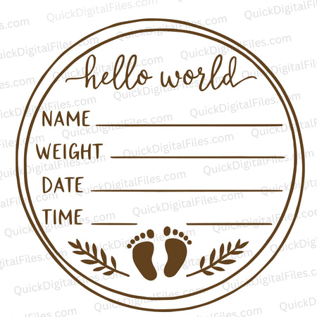"Hello World birth announcement card SVG with customizable details."