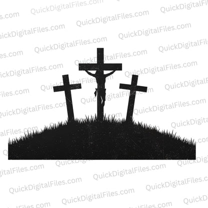 "Three crosses on a hill silhouette art with a distressed Christian bible vintage look."