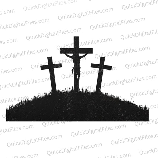 "Three crosses on a hill silhouette art with a distressed Christian bible vintage look."