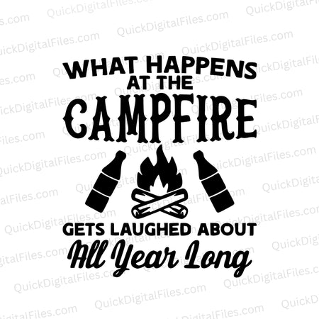 "Campfire Memories" SVG graphic with campfire and beer bottles for outdoor enthusiasts.