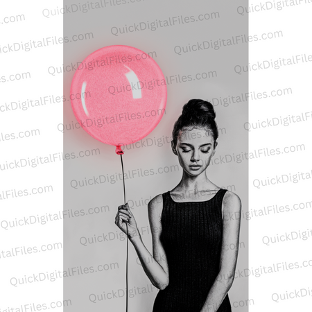 Woman Holding Pink Balloon Photo - Charcoal Sketch Digital Download