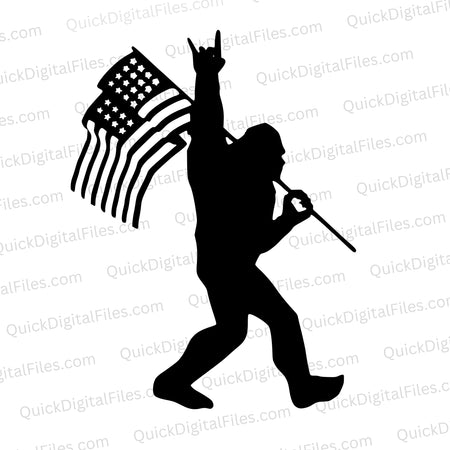 "Black and white Sasquatch walking with raised fist and American flag"