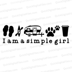 "I Am a Simple Girl" SVG graphic with symbols for an adventurous lifestyle.