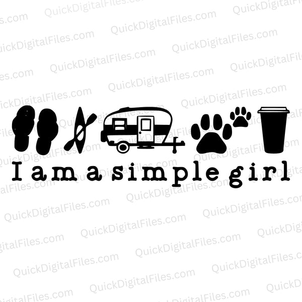 "I Am a Simple Girl" SVG graphic with symbols for an adventurous lifestyle.