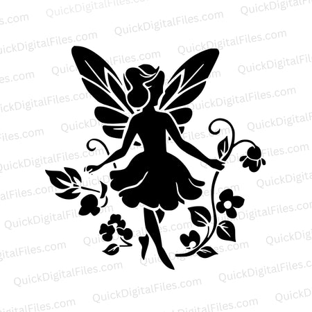 Elegant black and white fairy and flowers SVG for serene home decor.