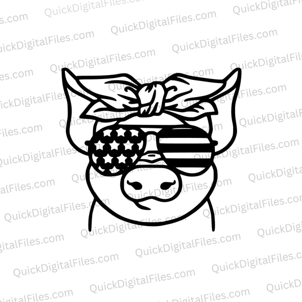 "Patriotic Pig" black and white SVG design for Fourth of July apparel.