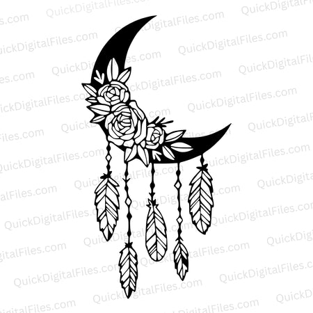 Black and white moon dream catcher design with plant leaves and feathers.