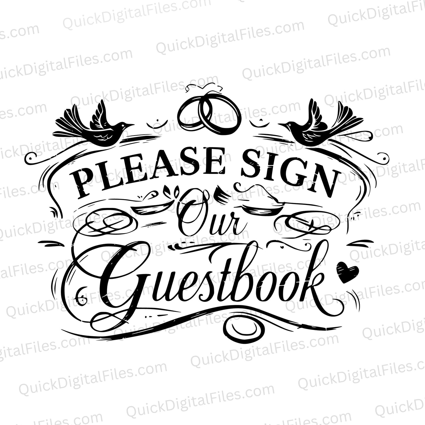 "Please Sign Our Guestbook" elegant sign with swirls and birds in SVG format.