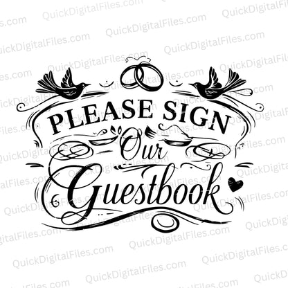 "Please Sign Our Guestbook" elegant sign with swirls and birds in SVG format.