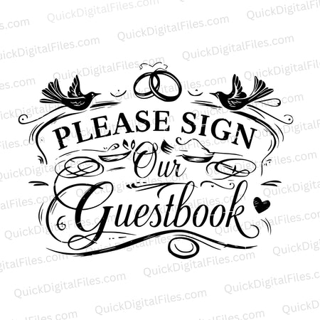 "Please Sign Our Guestbook" elegant sign with swirls and birds in SVG format.