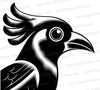 Stylized bird head silhouette with bold curved beak and large eye
