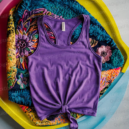 "High-resolution mockup of a knotted purple tank top on vibrant floral textile."