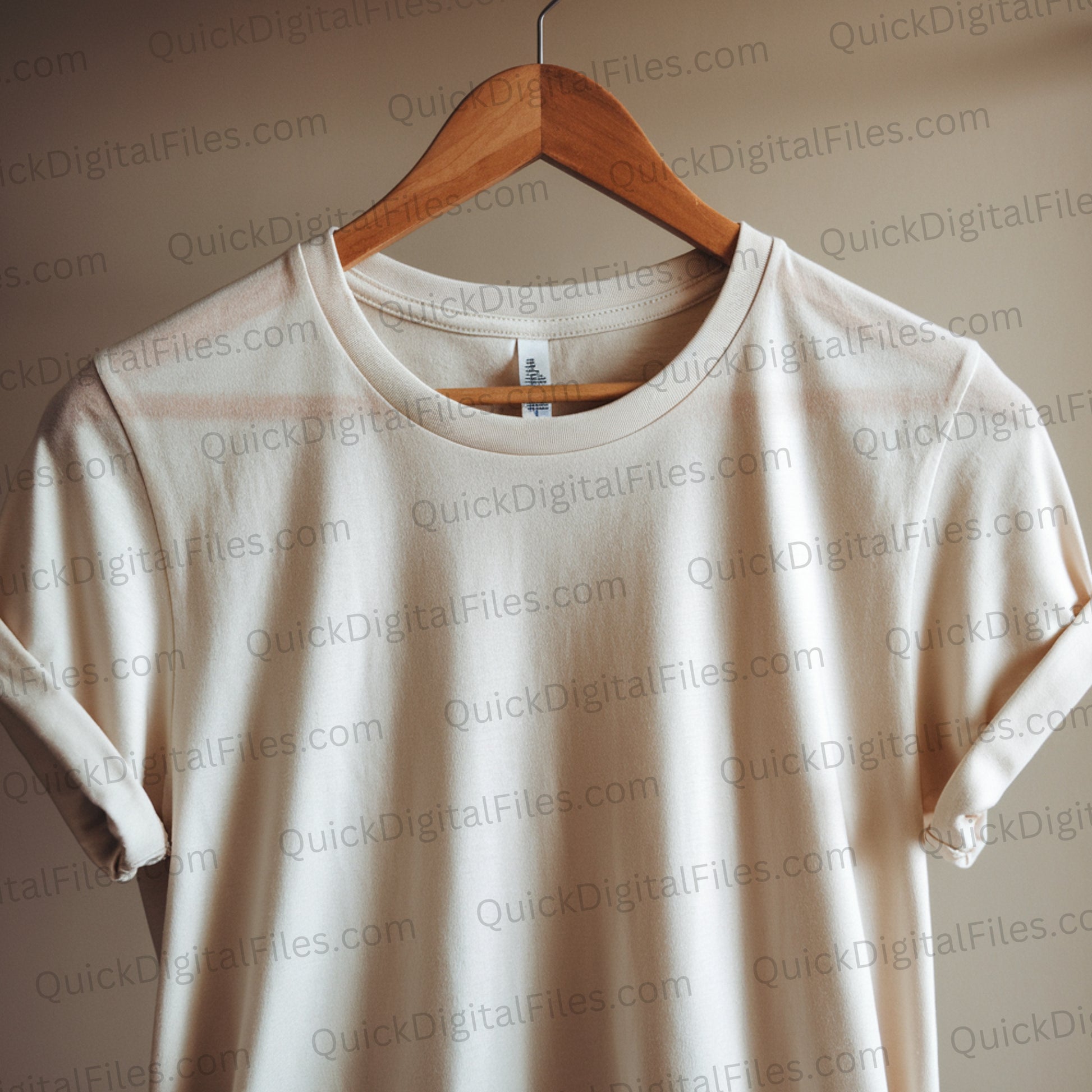 T-shirt hanging mockup with blank white t-shirt on a wooden hanger
