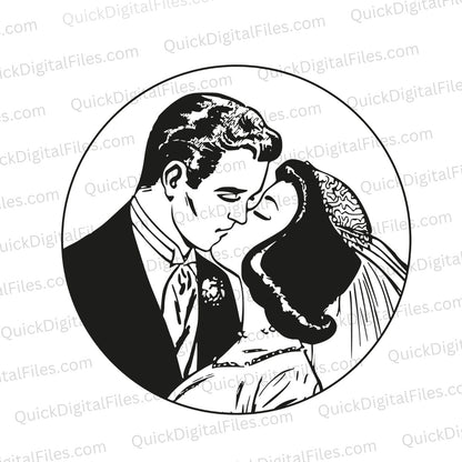 Vintage bride and groom kiss PNG

