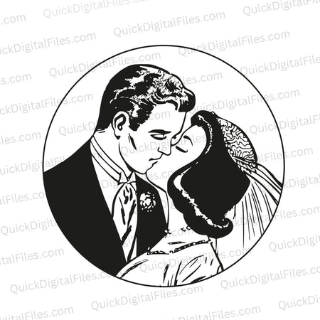 Vintage bride and groom kiss PNG
