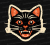 Creepy black cat face Halloween graphic with orange accents PNG
