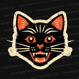 Creepy black cat face Halloween graphic with orange accents PNG
