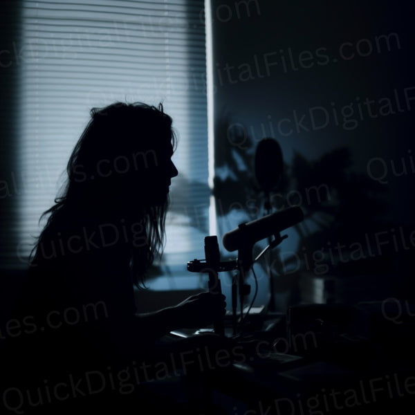 Creepy silhouette of woman with microphone in dark room