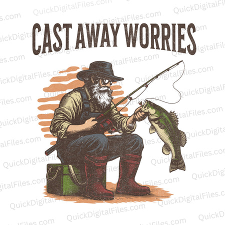 "Cast Away Worries" relaxing fishing digital art in SVG, PNG, JPEG.