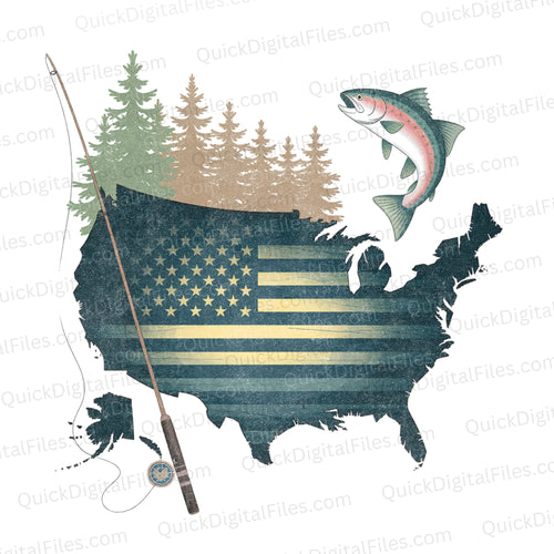 Grunge American Map Fishing Style: PNG JPEG PDF