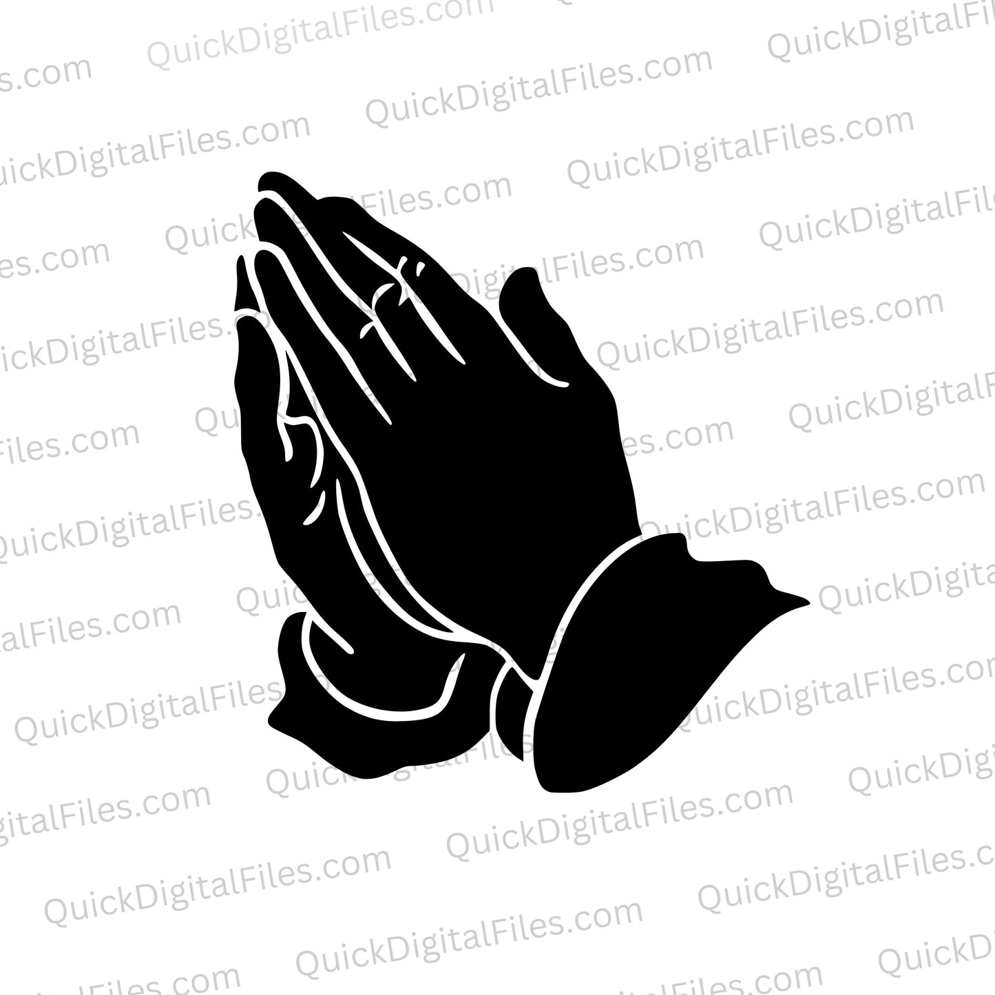 "Praying hands silhouette against white background in SVG, PNG, JPEG."