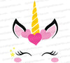 Unicorn face SVG with golden horn, pink crown, and yellow stars
