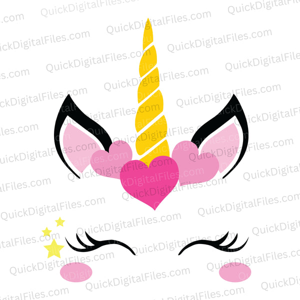 Unicorn face SVG with golden horn, pink crown, and yellow stars
