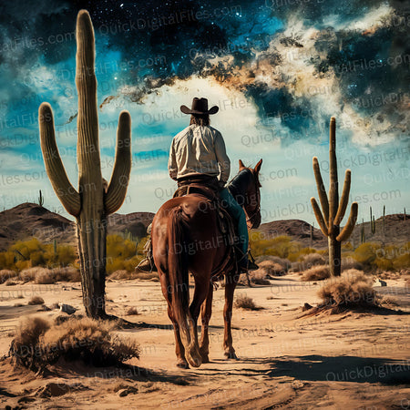 "Lone Cowboy Riding Horse in Desert Under Starry Sky Photo PNG, JPEG, PDF"