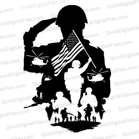 "SVG of soldier saluting with American flag and military elements."