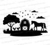 Farm silhouette SVG with barn, horse, chickens, and a tree
