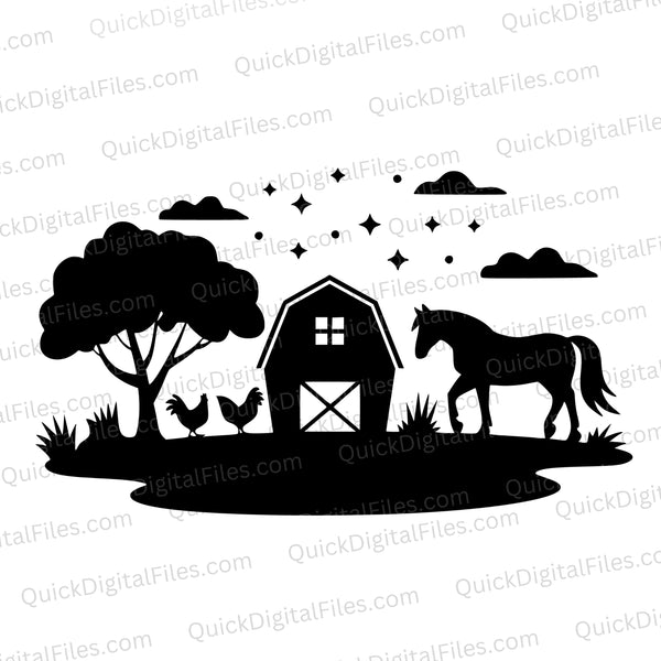 Farm silhouette SVG with barn, horse, chickens, and a tree
