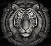 Cool tiger silhouette rocking mandala designs in a sleek black and white digital image