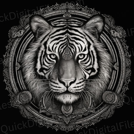 Cool tiger silhouette rocking mandala designs in a sleek black and white digital image