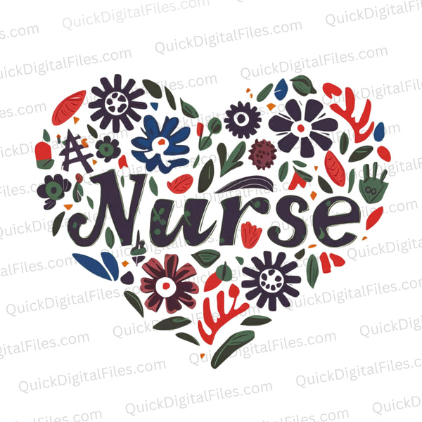 "Colorful abstract heart nurse PNG graphic with flowers and leaves"