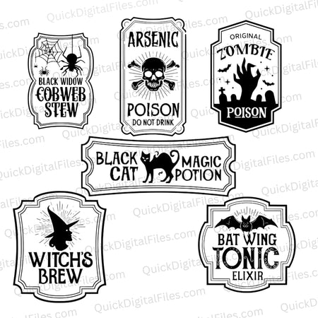 Halloween sign bundle SVG with Black Widow Cobweb Stew, Arsenic Poison, and more for spooky decor