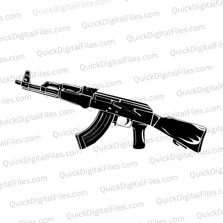 "Simple black silhouette of AK-47 on solid white background."