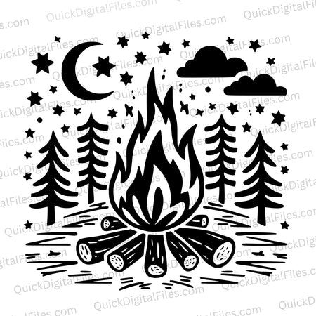 silhouette "Monochromatic bonfire night scene with crescent moon and stars."