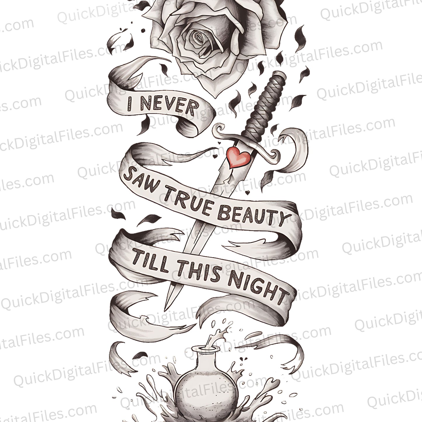 "Dramatic Romantic Scene Tattoo Design with Rose and Dagger"