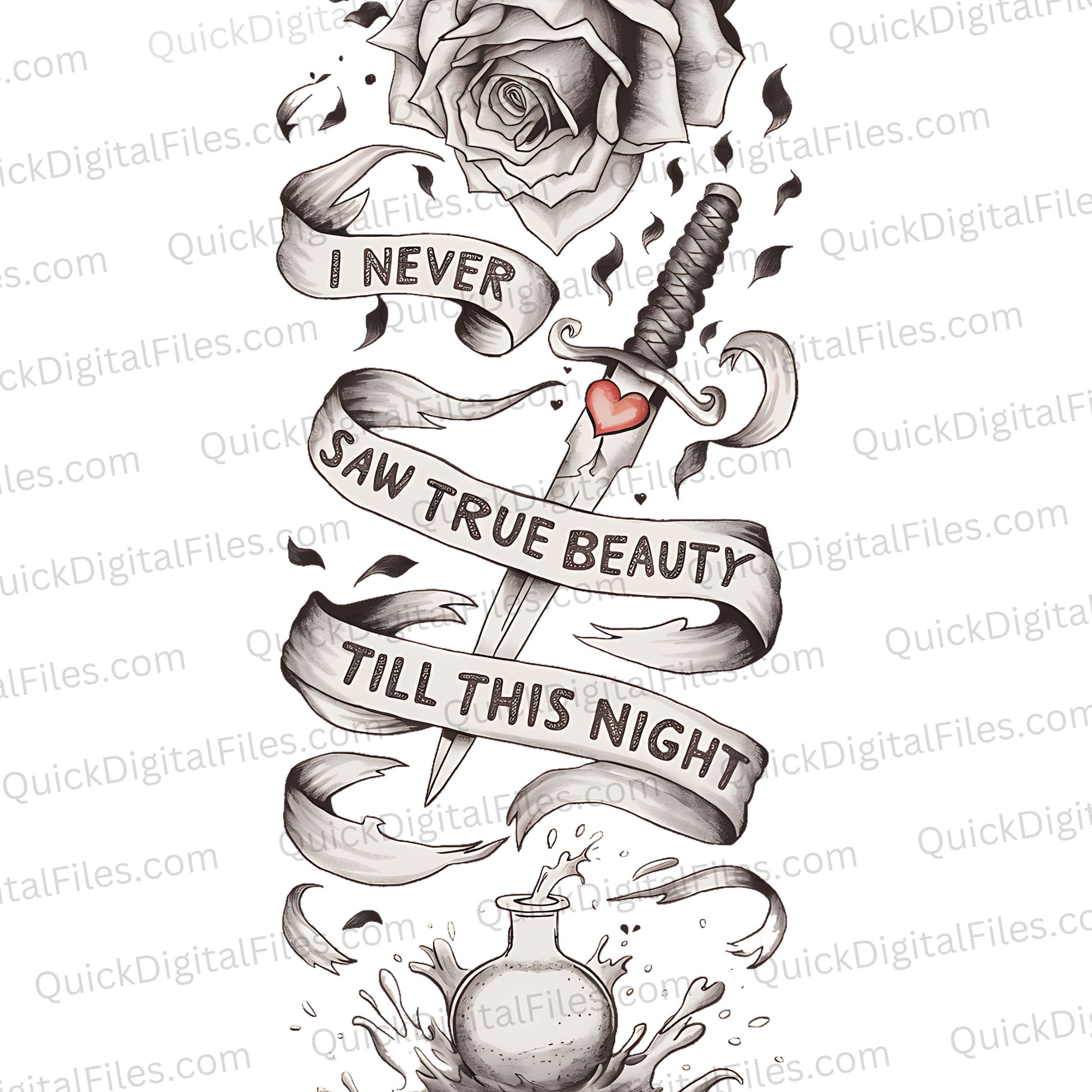 "Dramatic Romantic Scene Tattoo Design with Rose and Dagger"