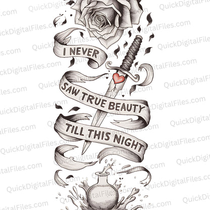 "Dramatic Romantic Scene Tattoo Design with Rose and Dagger"