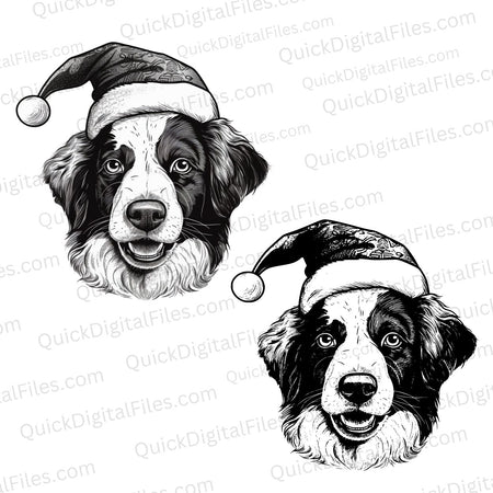 "Santa Paws" dog in Santa hat black and white vector clipart.