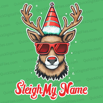 Quirky reindeer Christmas design with red sunglasses and hat PNG
