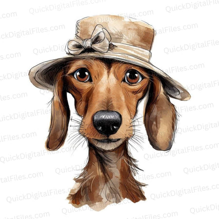 Adorable brown dog with wide-brim hat and bow artwork PNG/JPEG