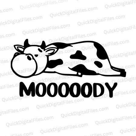 "Black and white sleepy cow graphic for playful home decor and apparel."