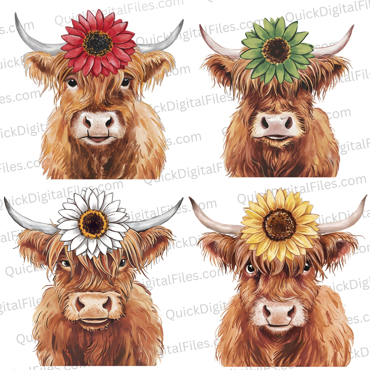 "Highland cow with sunflower clipart in watercolor PNG."