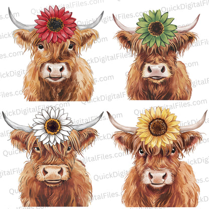 "Highland cow with sunflower clipart in watercolor PNG."