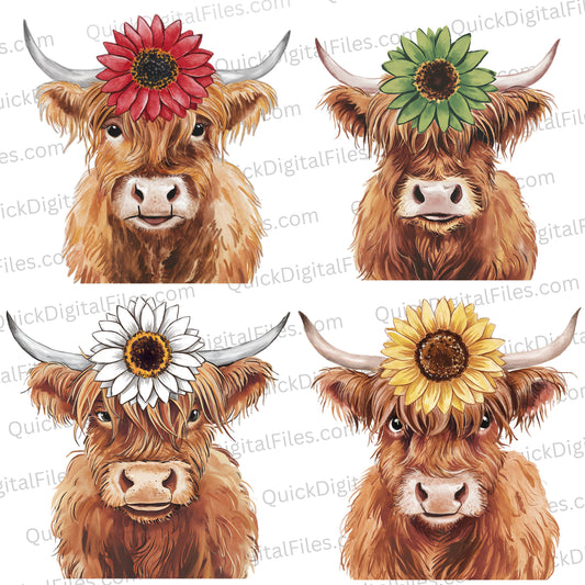 "Highland cow with sunflower clipart in watercolor PNG."