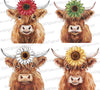"Highland cow with sunflower clipart in watercolor PNG."