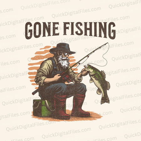 Fishing enthusiast illustration with "Gone Fishing" slogan for DIY projects.